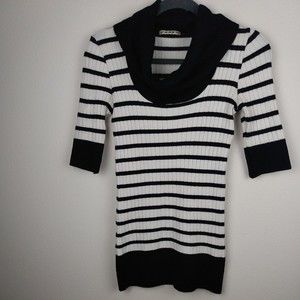 XXS Long cowl neck Black & White striped knit sweater 3/4 sleeve Women's Small